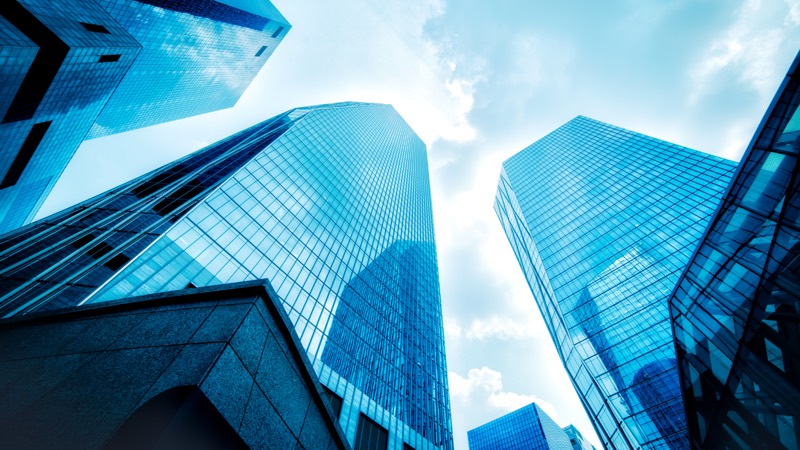 Angular blue glass tower facade