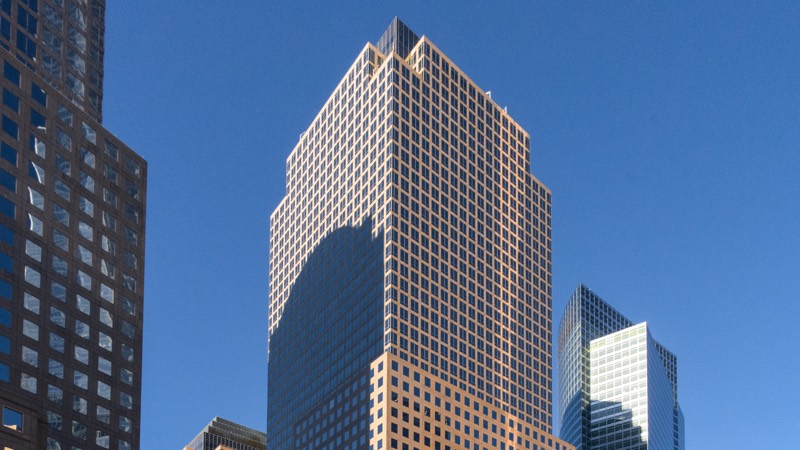 Limestone office tower with a crowned roofline
