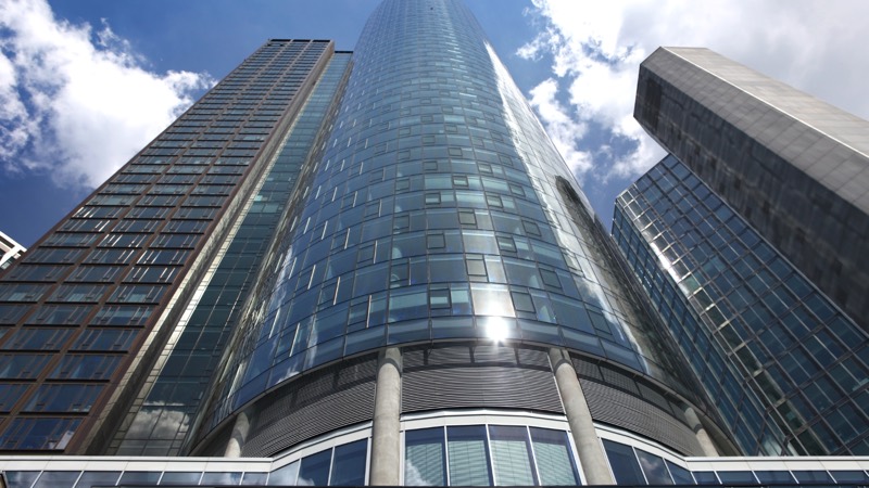 Curved base of a downtown office tower