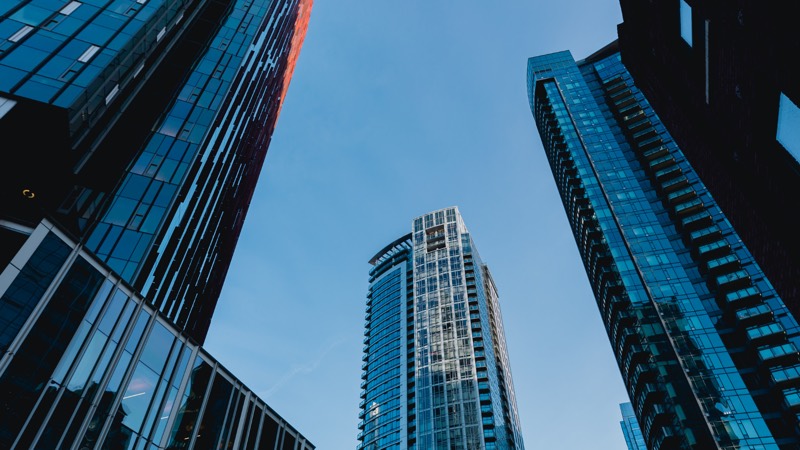 Cluster of blue glass high-rises