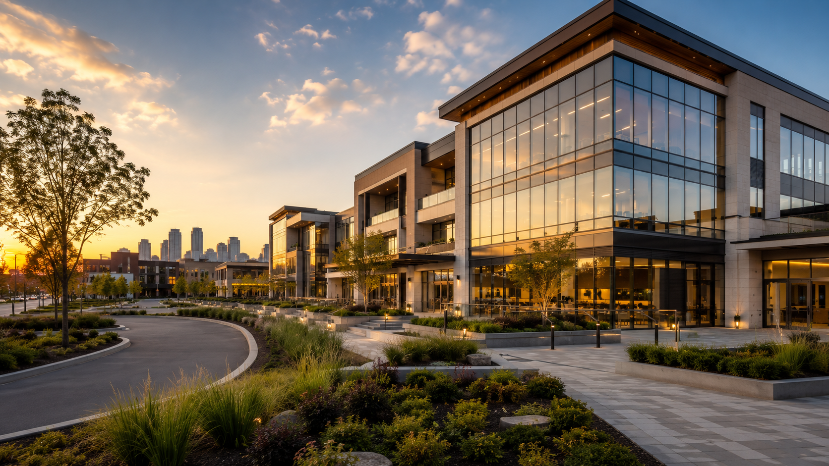 Mixed-use commercial real estate complex at sunset